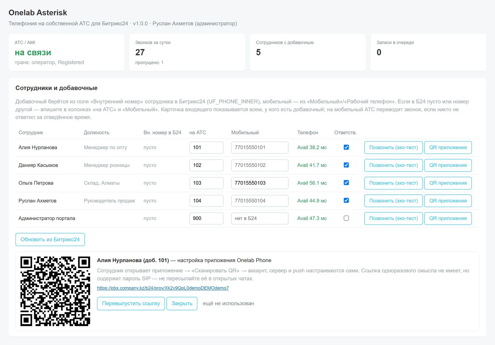 PBX control panel in Bitrix24: PBX status, employees, QR code for the app